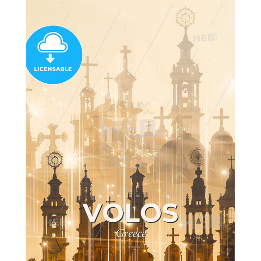 Volos Double Exposure Skyline Cityscape Poster - A silhouette of a building with crosses and lights - Square format print template