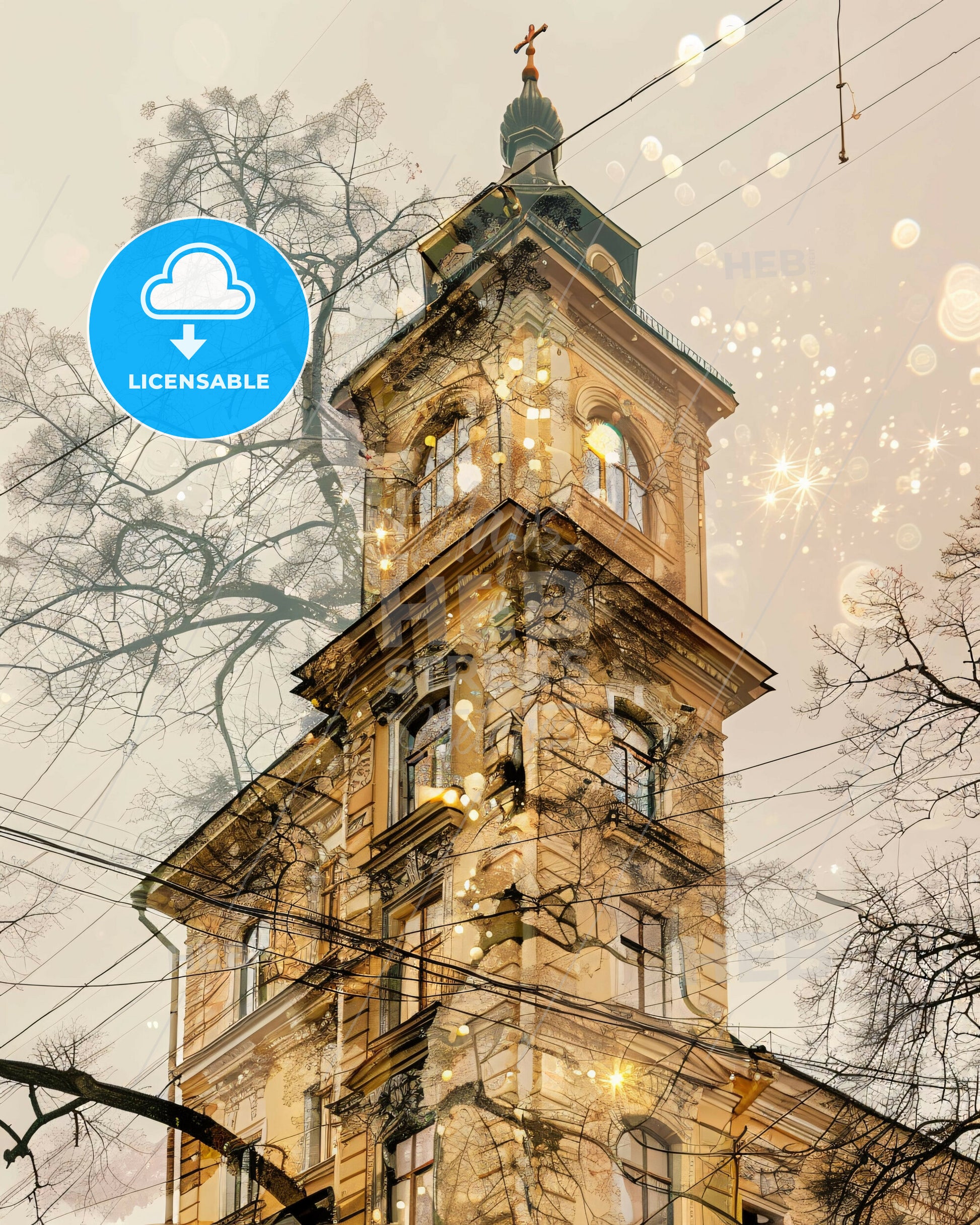 Voronezh: Architecture and City Skyline Poster Art - A building with a tower and power lines