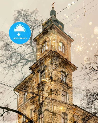 Voronezh: Architecture and City Skyline Poster Art - A building with a tower and power lines