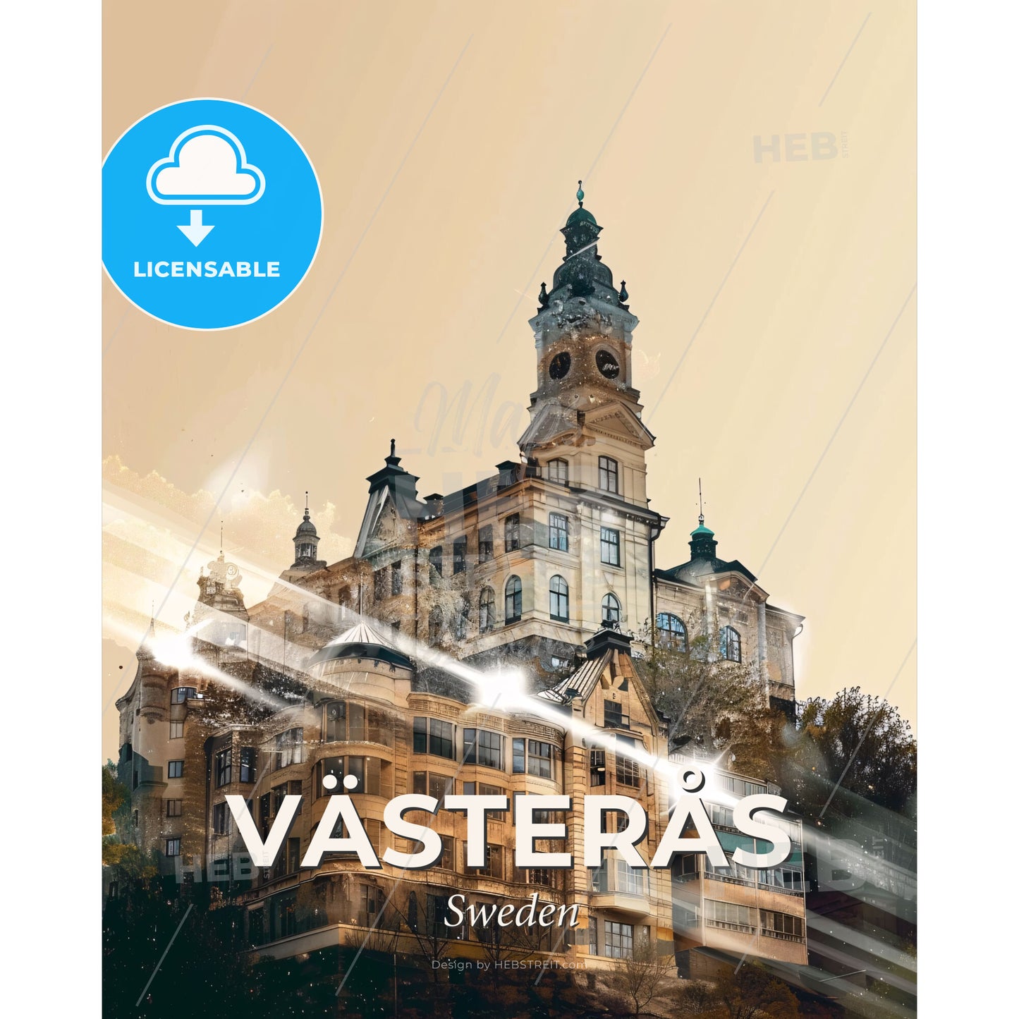 Västerås Skyline Art: Double Exposure Composite - A building with a clock tower - Square format print template