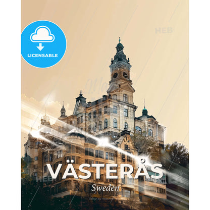 Västerås Skyline Art: Double Exposure Composite - A building with a clock tower - Square format print template