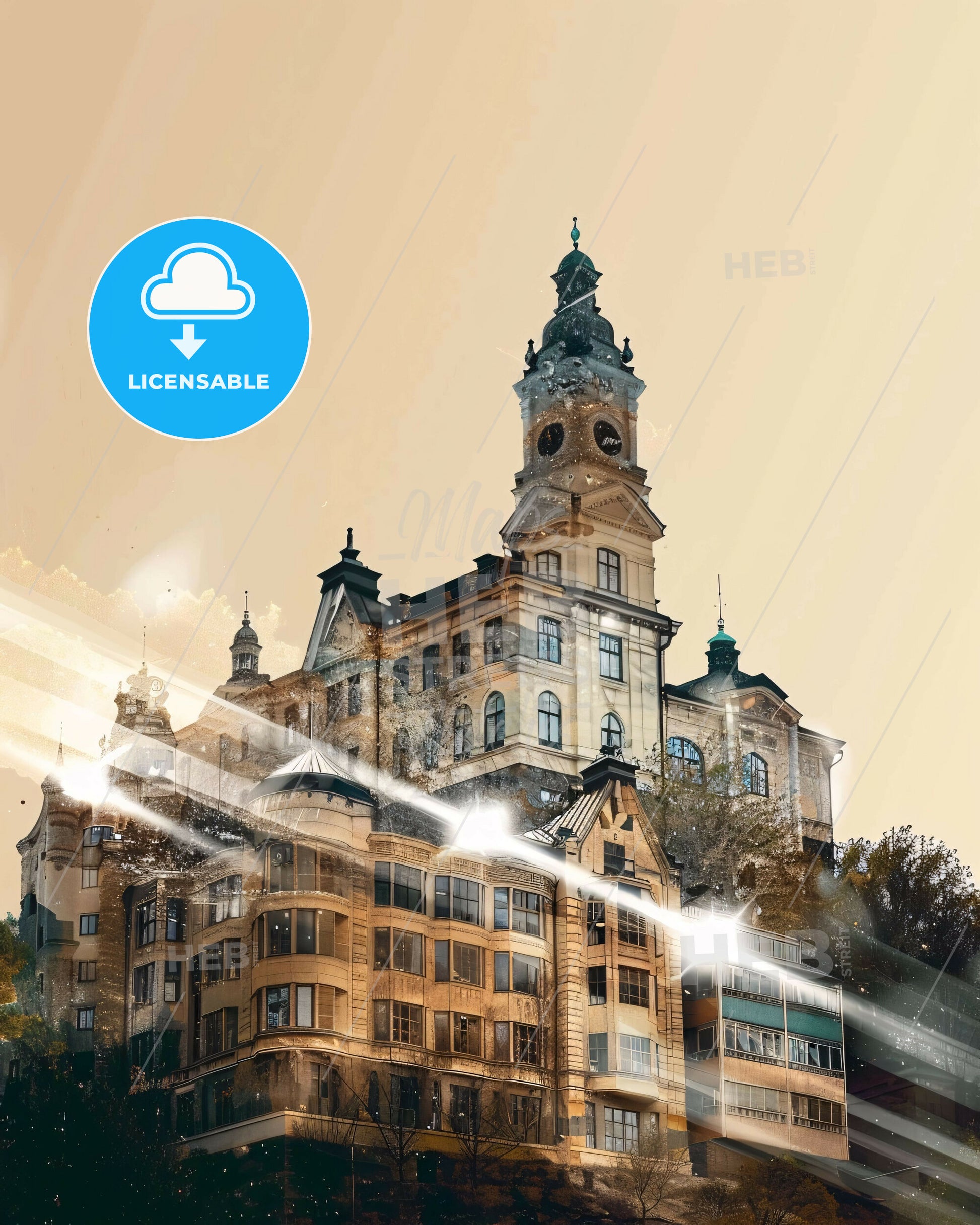 Västerås Skyline Art: Double Exposure Composite - A building with a clock tower