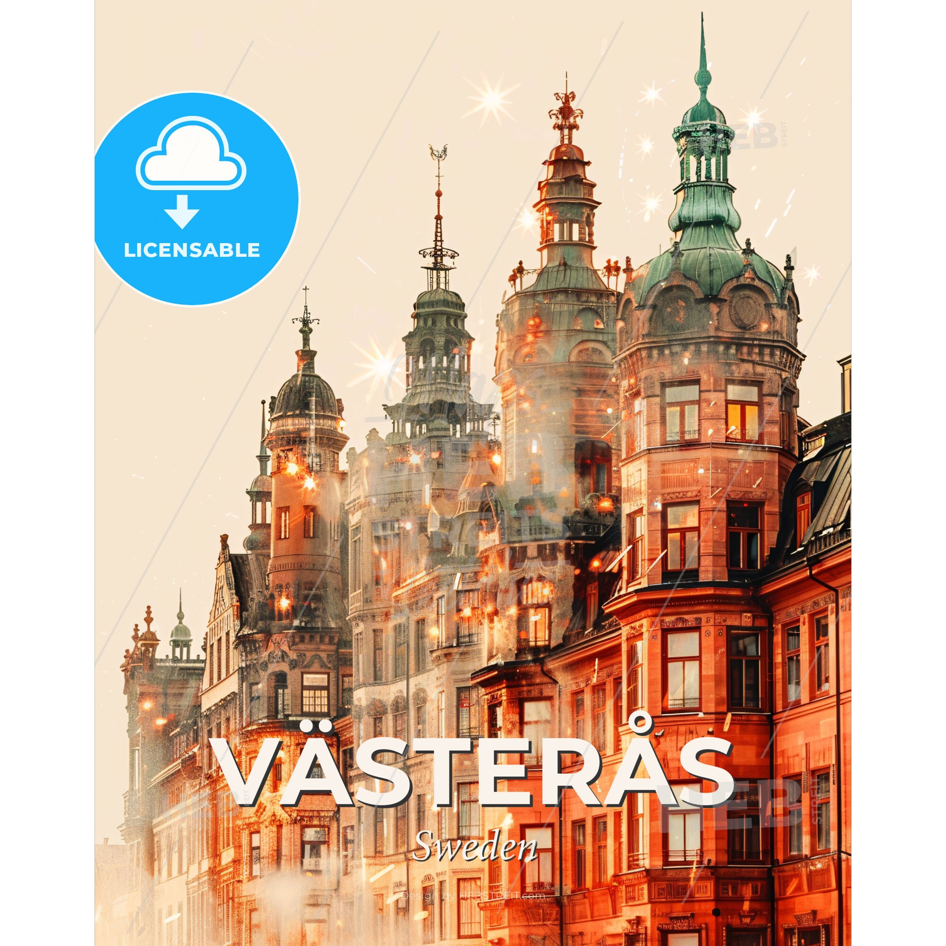 Vasteras Skyline Composite Art Glows and Sparks - A building with many windows - Square format print template