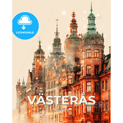 Vasteras Skyline Composite Art Glows and Sparks - A building with many windows - Square format print template