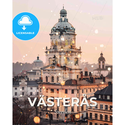 Vasteras City Skyline Art Deco Poster - A large building with a dome on top - Square format print template