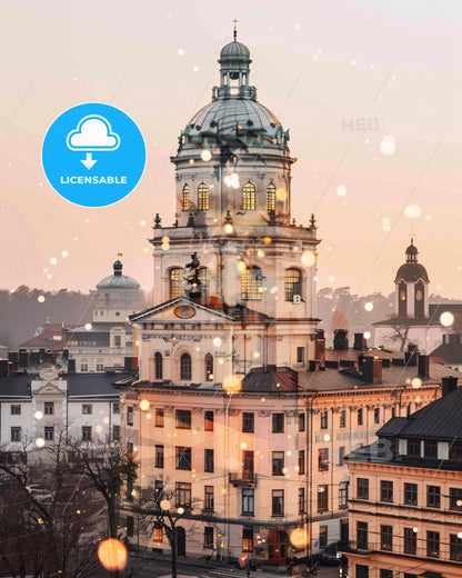 Vasteras City Skyline Art Deco Poster - A large building with a dome on top