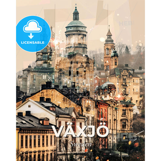 VÃ¤xjÃ¶ Skyline: Double Exposure Art on Beige - A group of buildings with towers and spires - Square format print template