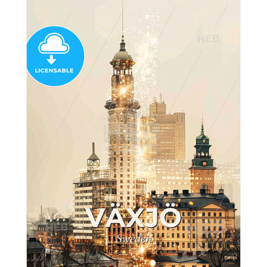 VÄXJÖ, SWEDEN - CITY ARTISTRY SKYLINE - A city skyline with a tall tower and buildings - Square format print template