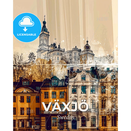 Växjö: Skyline Doppelbelichtung Stadtarchitektur beige - A group of buildings with a tower - Square format print template