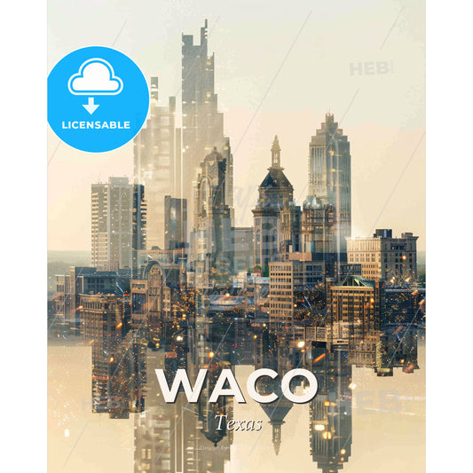 Waco Texas Skyline Iconography Poster Panorama - A city skyline with water reflection - Square format print template