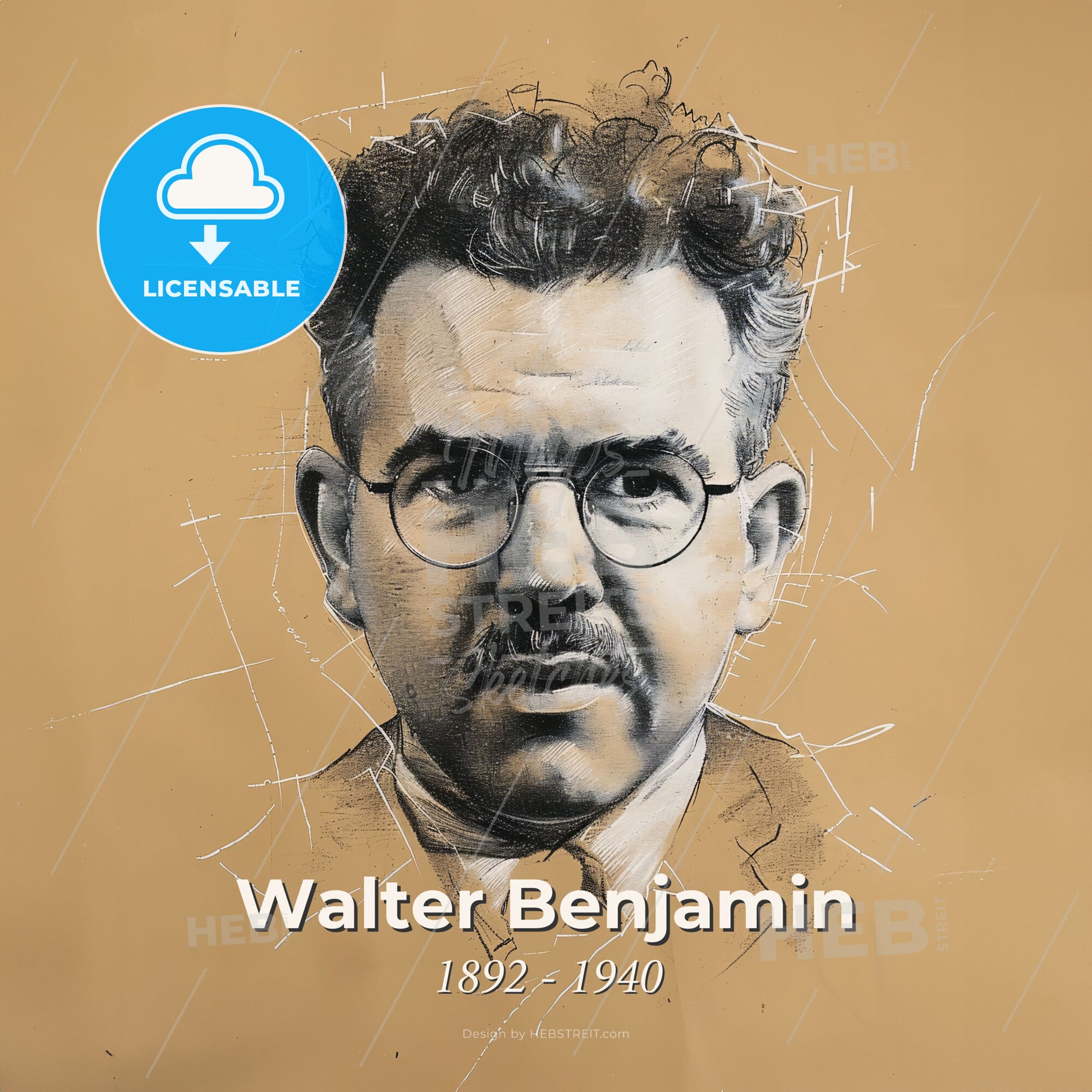 Walter Benjamin, 1892 - 1940, German philosopher - A Drawing Of A Man With Glasses Print Template