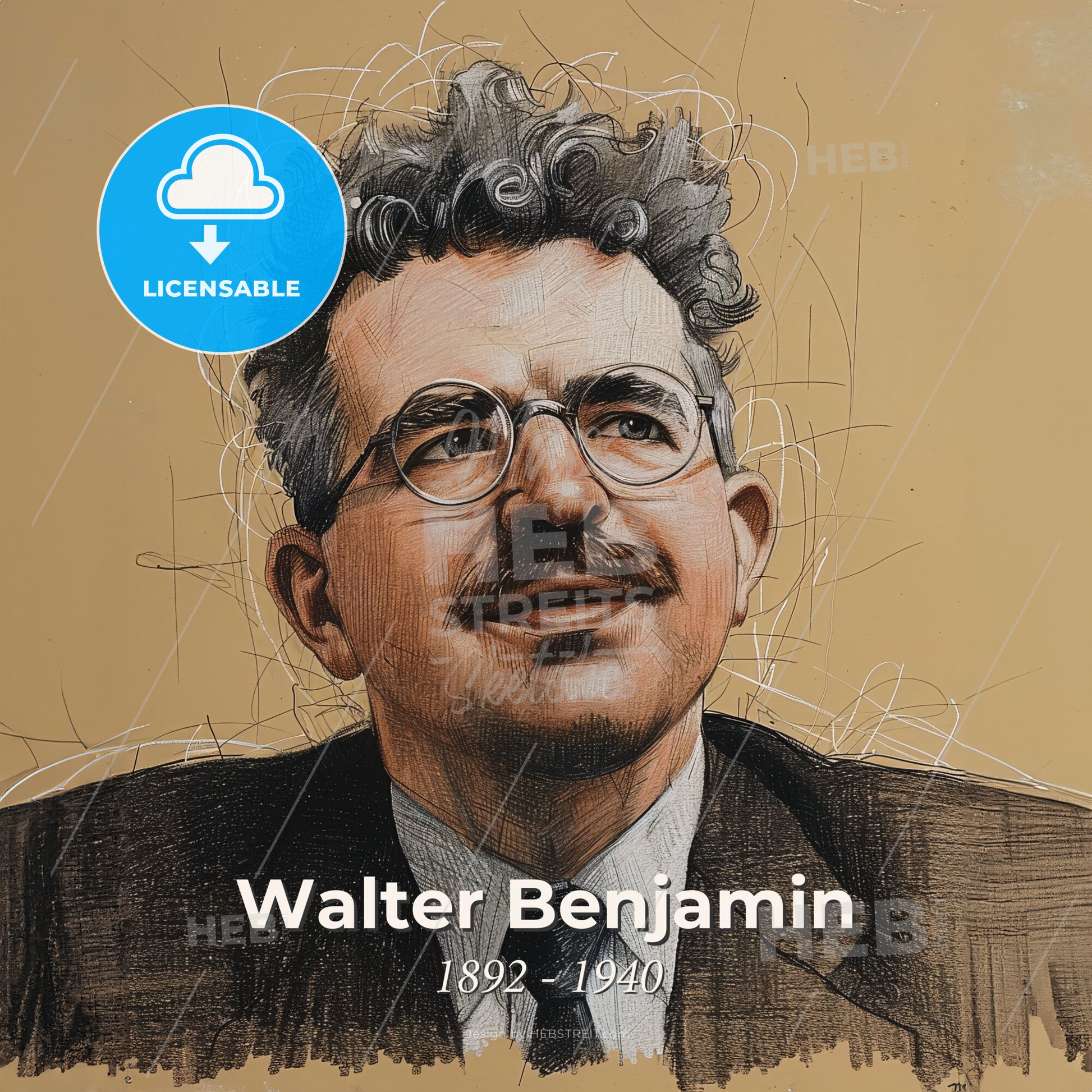 Walter Benjamin, 1892 - 1940, German philosopher - A Man With Curly Hair Wearing Glasses And A Suit Print Template