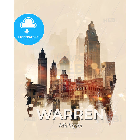 Warren Skyline Double Exposure Art - A city skyline with many tall buildings - Square format print template