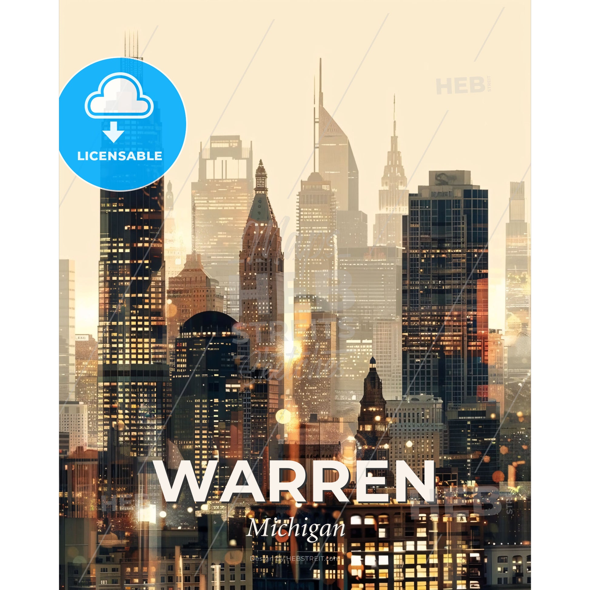Warren Skyline Iconography in Beige Lights - A city skyline with many tall buildings - Square format print template