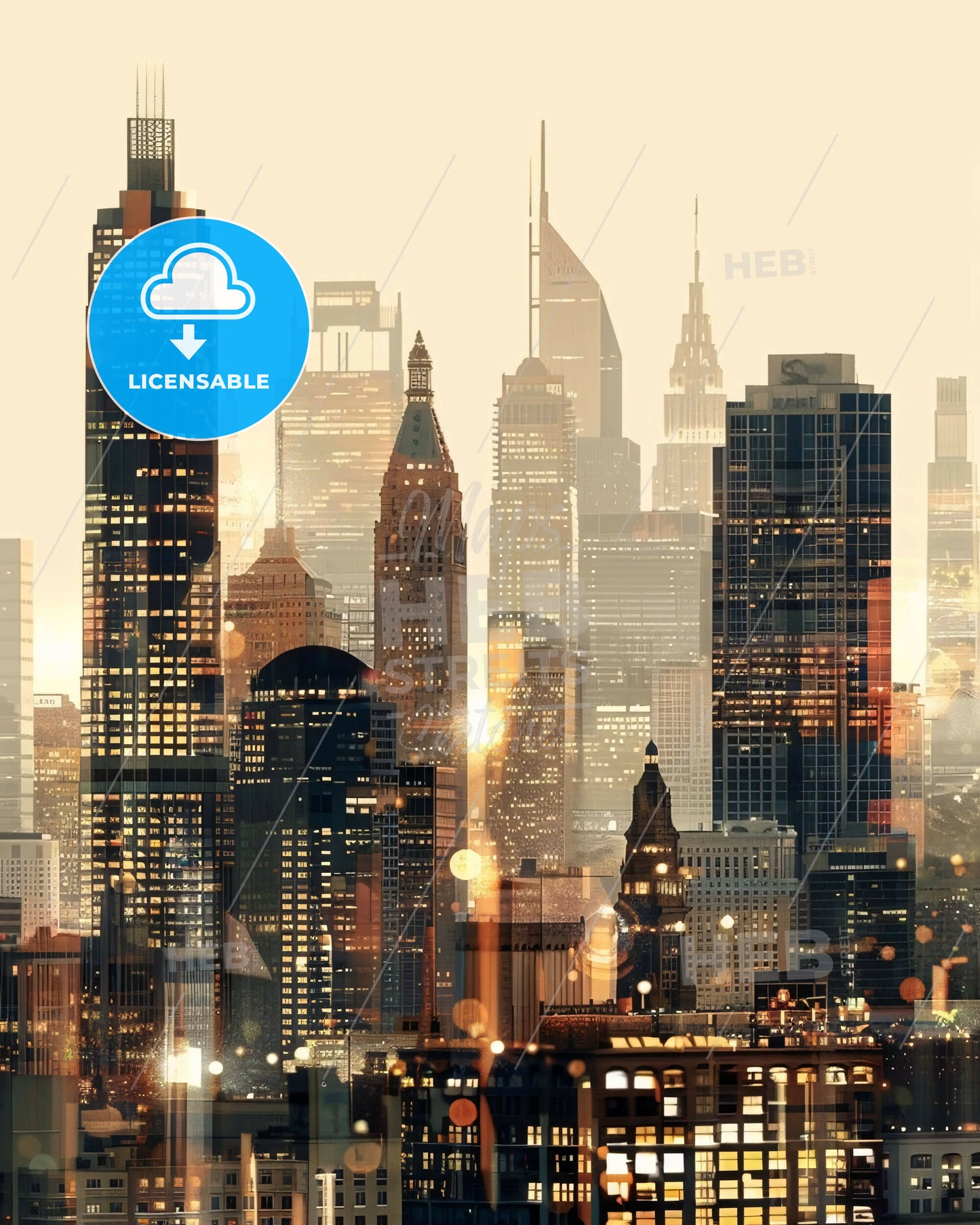 Warren Skyline Iconography in Beige Lights - A city skyline with many tall buildings