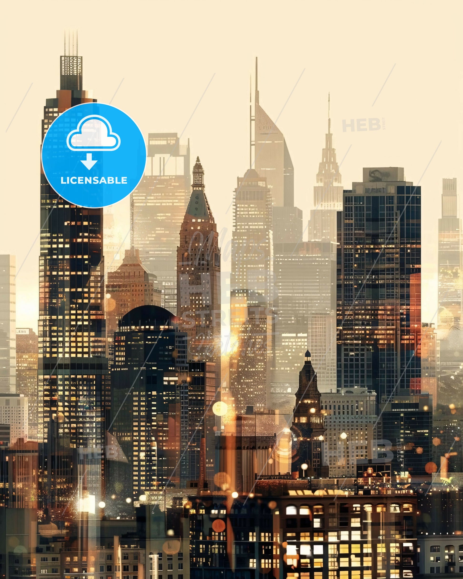 Warren Skyline Iconography in Beige Lights - A city skyline with many tall buildings