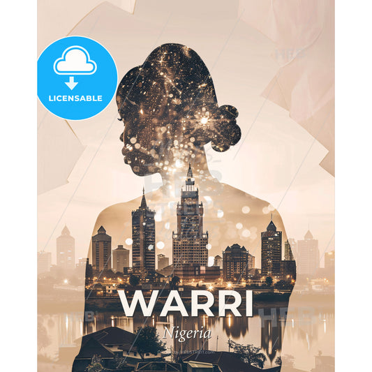 Warri: City Skyline Double Exposure Composite Art - A woman's silhouette and cityscape - Square format print template