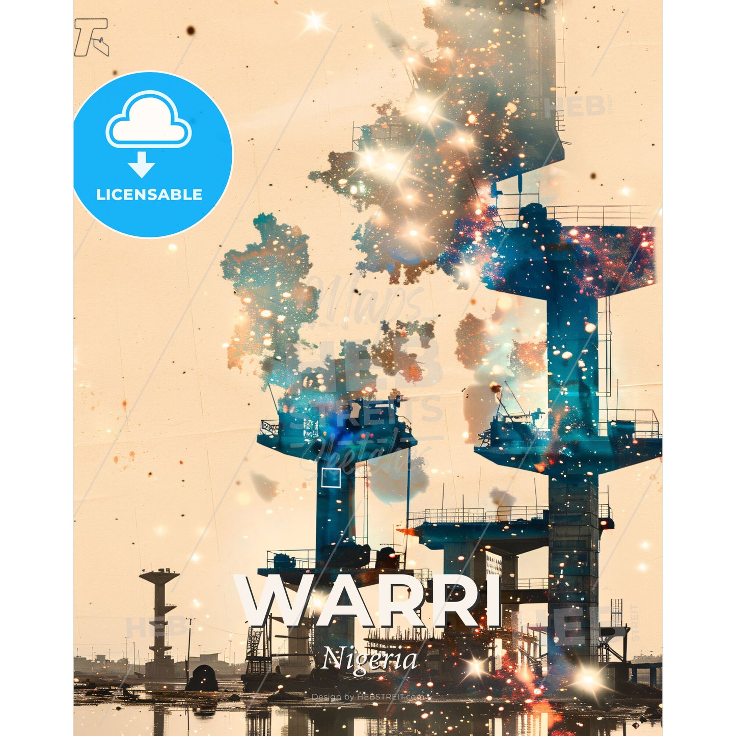 Warri: Vibrant City Skyline Composite Art - A large tower with smoke coming out of it - Square format print template
