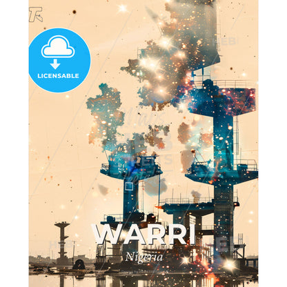 Warri: Vibrant City Skyline Composite Art - A large tower with smoke coming out of it - Square format print template