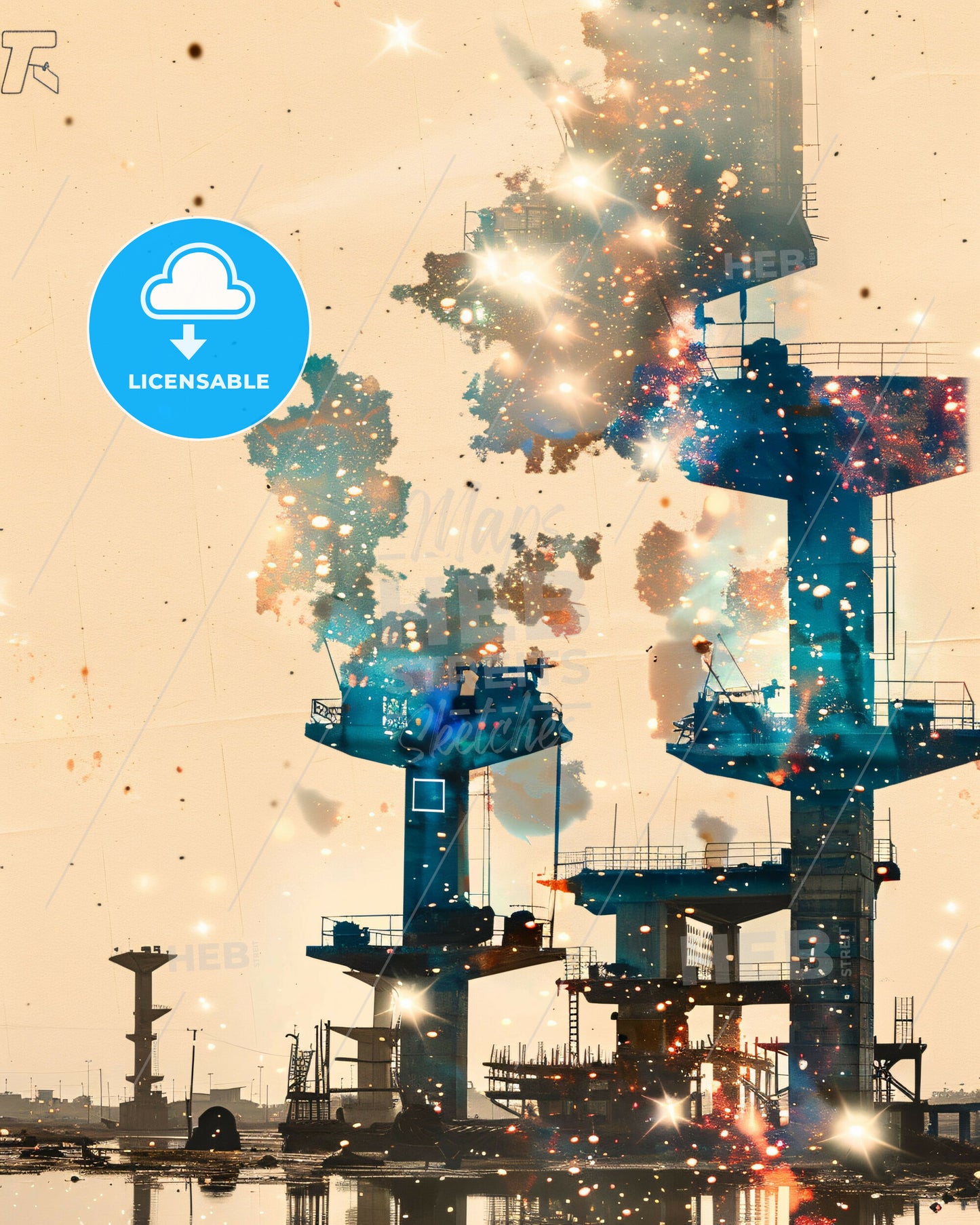 Warri: Vibrant City Skyline Composite Art - A large tower with smoke coming out of it