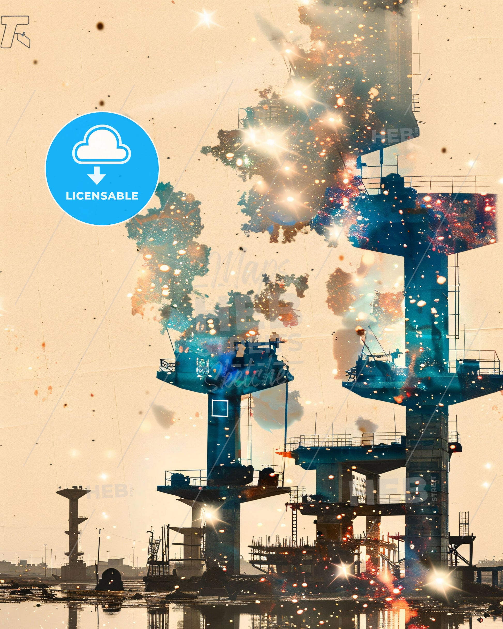 Warri: Vibrant City Skyline Composite Art - A large tower with smoke coming out of it