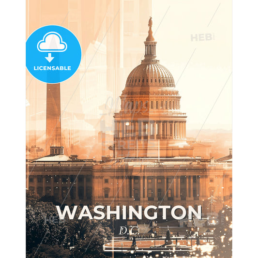 Washington Skyline Double Exposure Composite Art - A large building with a dome and a tower - Square format print template