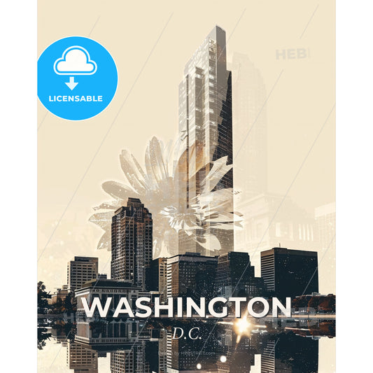 City Beauty, Art Design, Double Exposure - A city with a reflection of a flower - Square format print template
