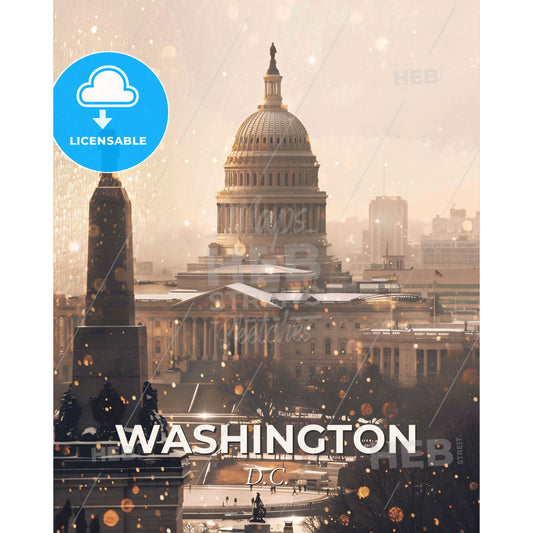 Washington: Day and Night City Skyline Poster Art - A large building with a dome and a statue in the background - Square format print template