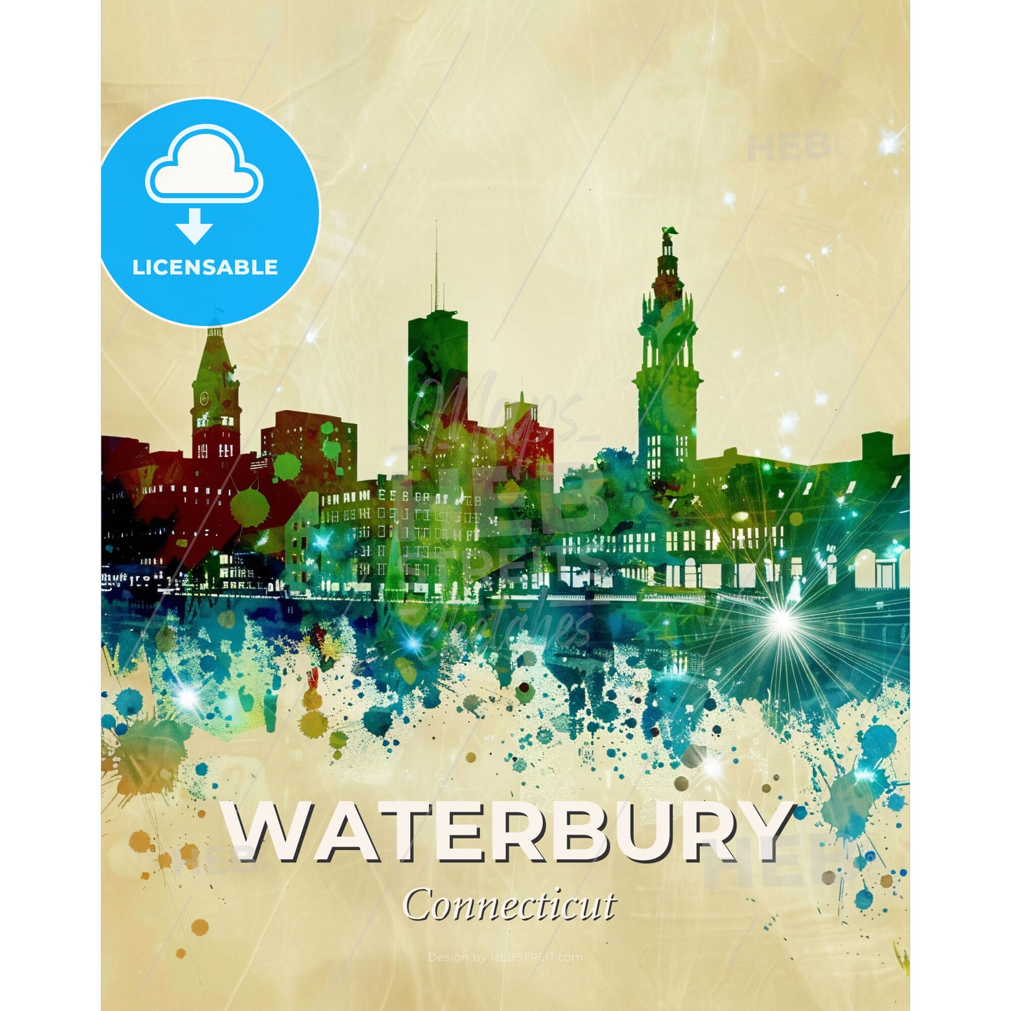 Waterbury Connecticut Skyline Poster Delights - A colorful city skyline with many buildings and a reflection of lights - Square format print template