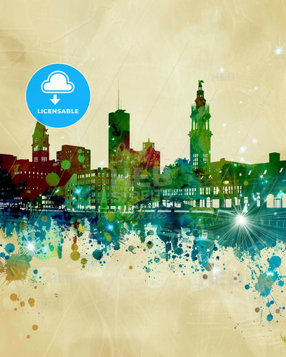 Waterbury Connecticut Skyline Poster Delights - A colorful city skyline with many buildings and a reflection of lights