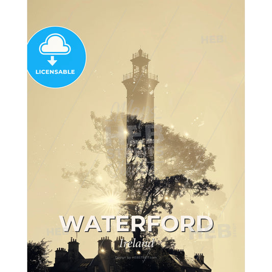 Waterford City Double Exposure Poster Silhouette - A tall tower with a tree and a light in the distance - Square format print template