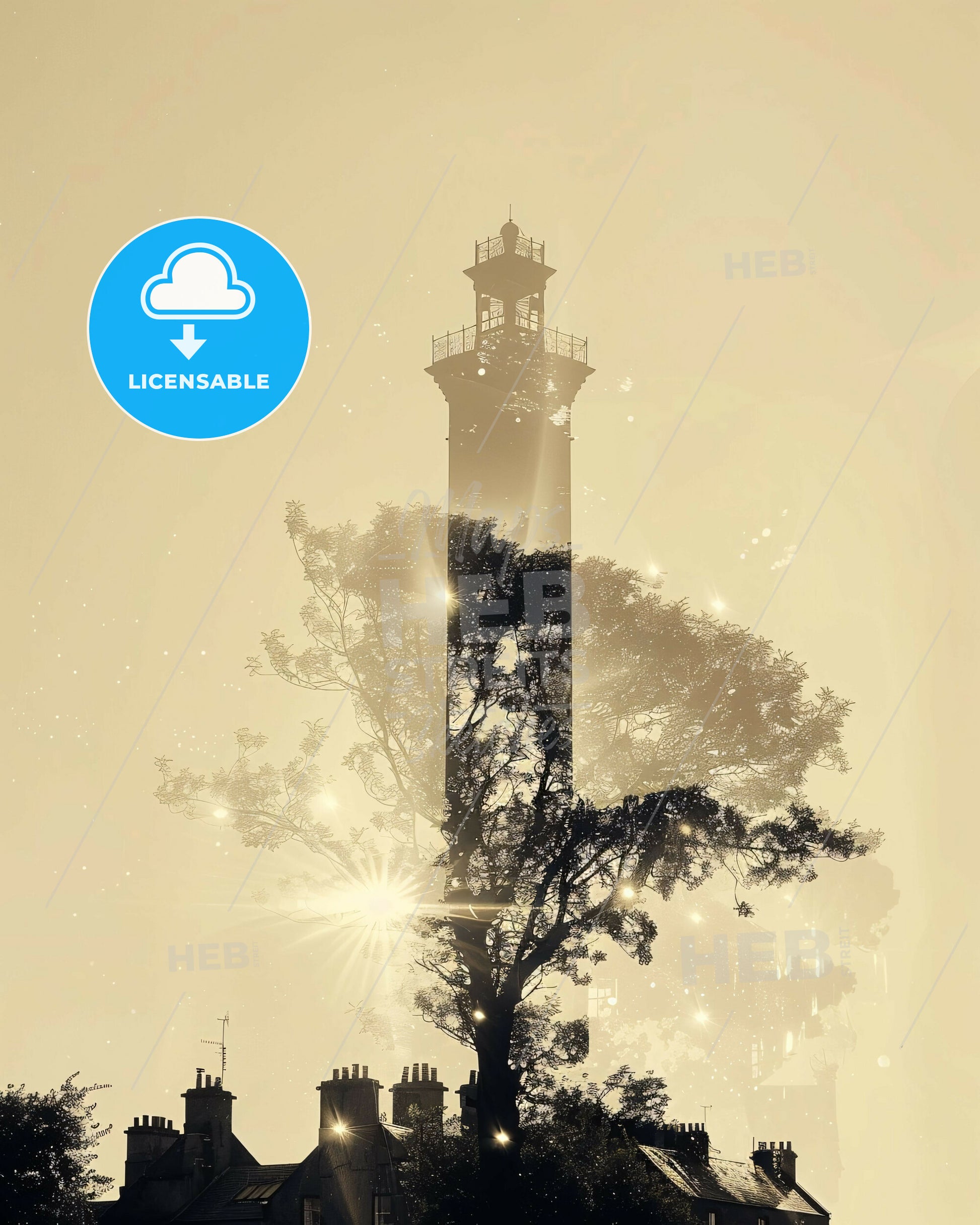 Waterford City Double Exposure Poster Silhouette - A tall tower with a tree and a light in the distance