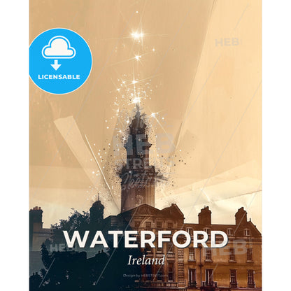 Waterford Ireland Skyline Composite Art Cityscape - A building with a tower and stars - Square format print template