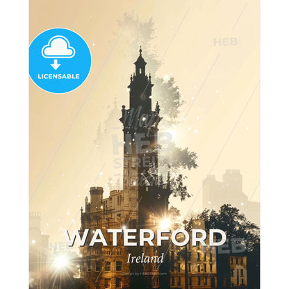 Waterford City Skyline Silhouette Art Print - A building with a clock tower - Square format print template