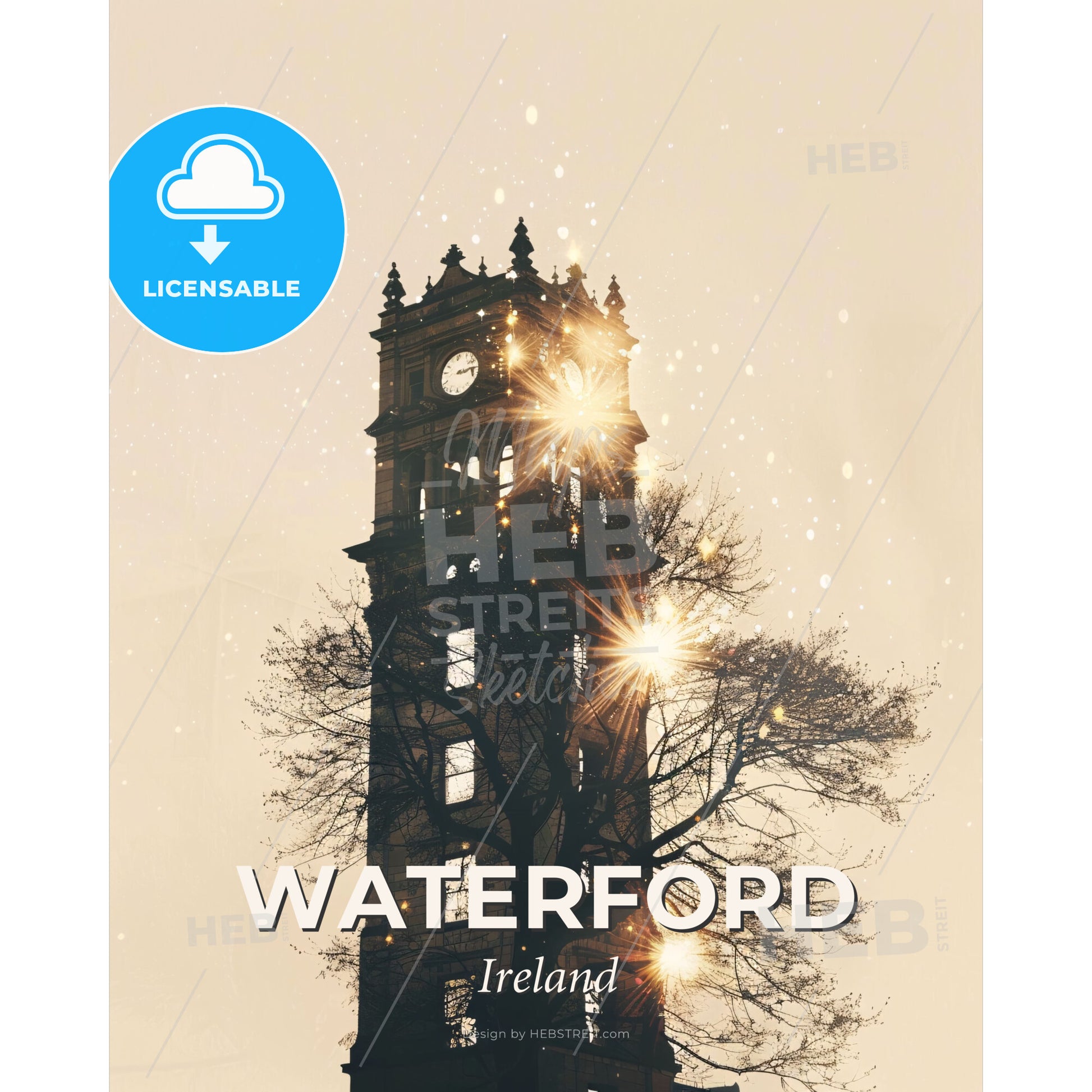Waterford City Skyline Double Exposure Art Print - A clock tower with a tree and stars - Square format print template