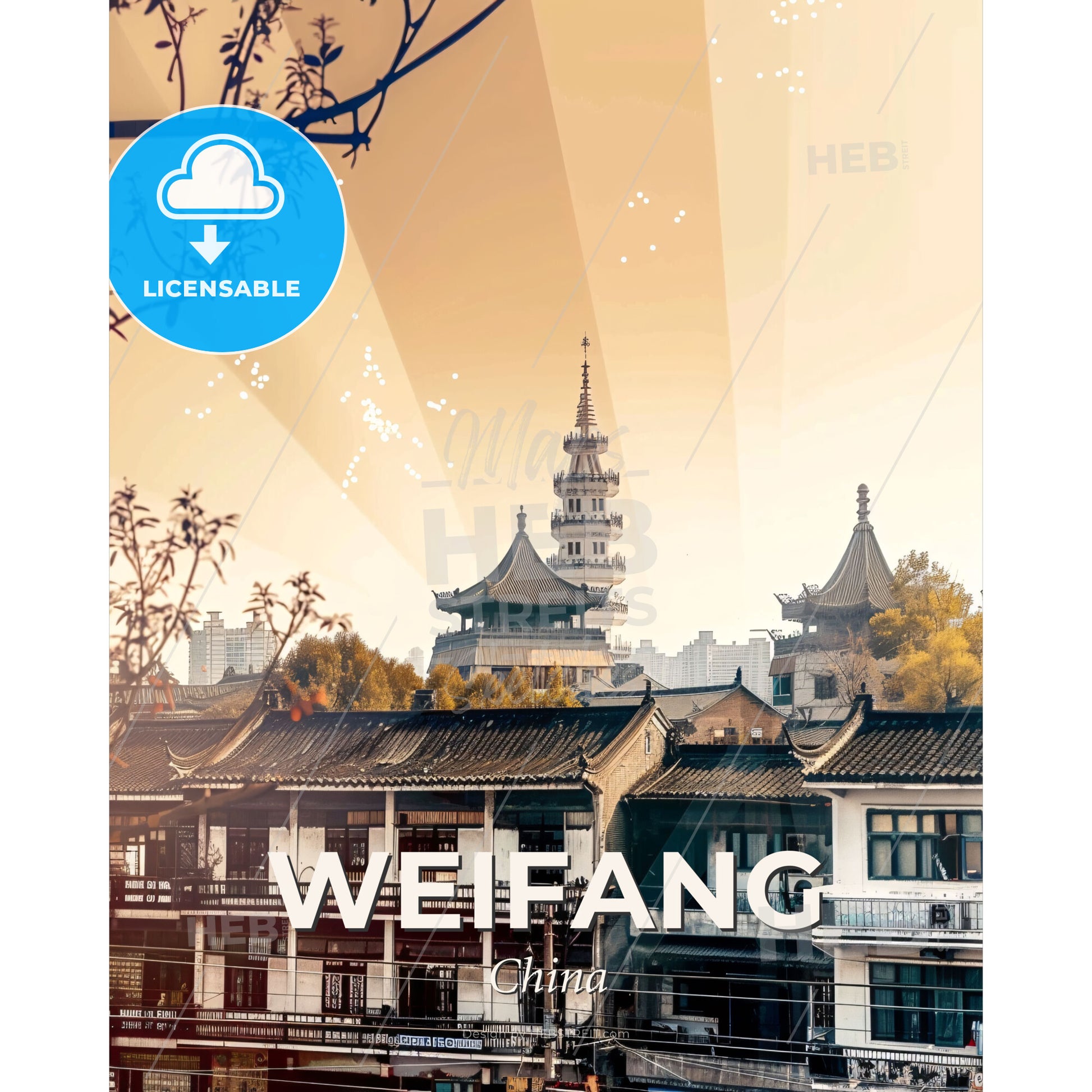 Weifang, China: A City in Lights Poster - A group of buildings with a tall tower in the background - Square format print template
