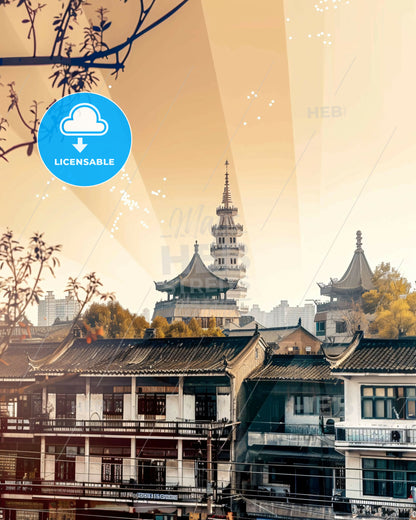 Weifang, China: A City in Lights Poster - A group of buildings with a tall tower in the background