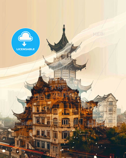 Weifang Skyline Iconic Architecture Poster Art - A double exposure of a building