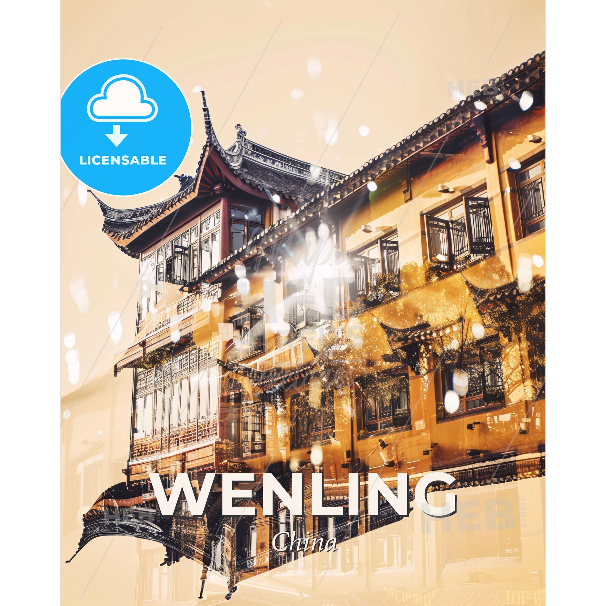 Wenling: Day and Night Cityscape Art - A building with a roof and windows - Square format print template