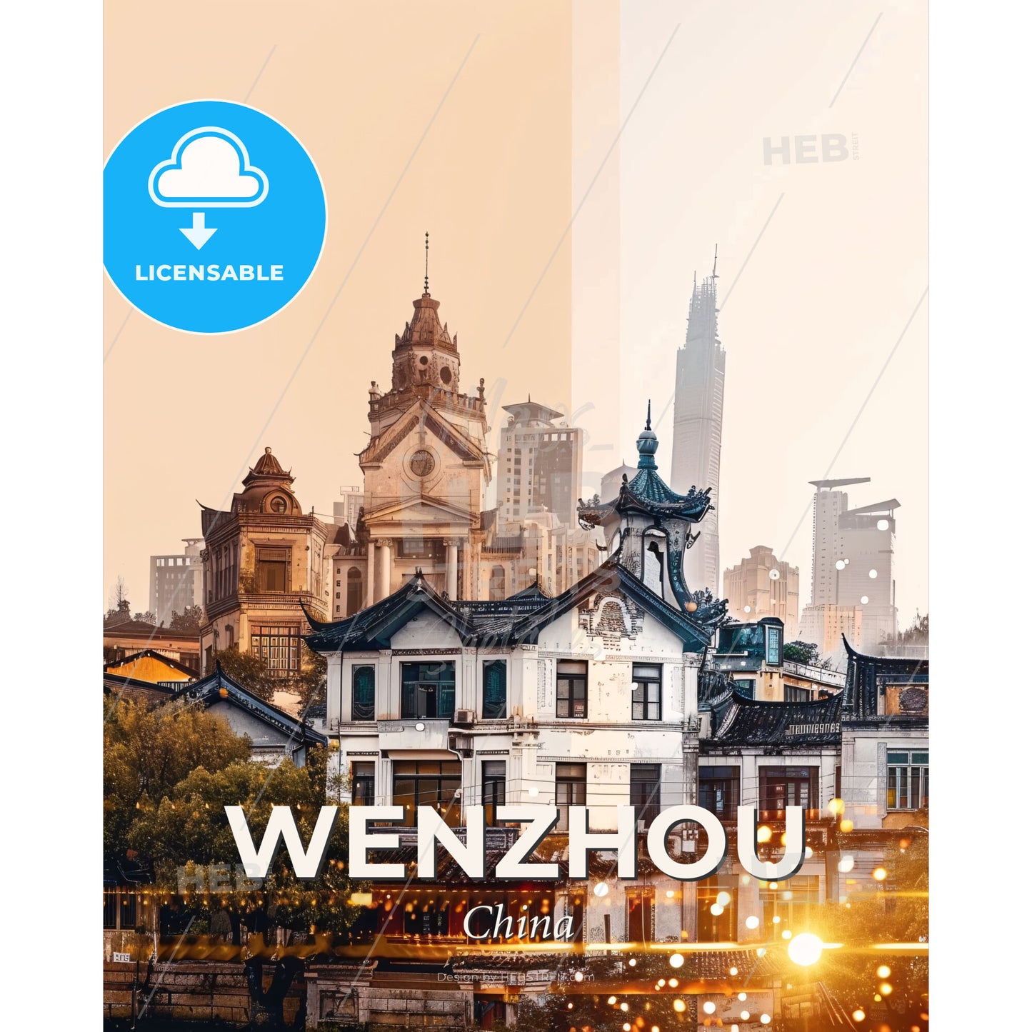 Wenzhou City Skyline Composite Poster - A group of buildings with trees and a city in the background - Square format print template