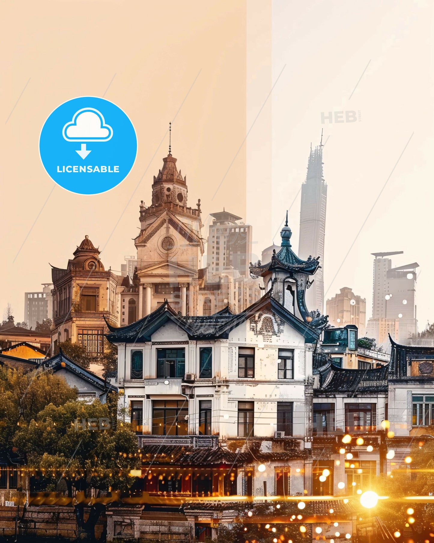 Wenzhou City Skyline Composite Poster - A group of buildings with trees and a city in the background