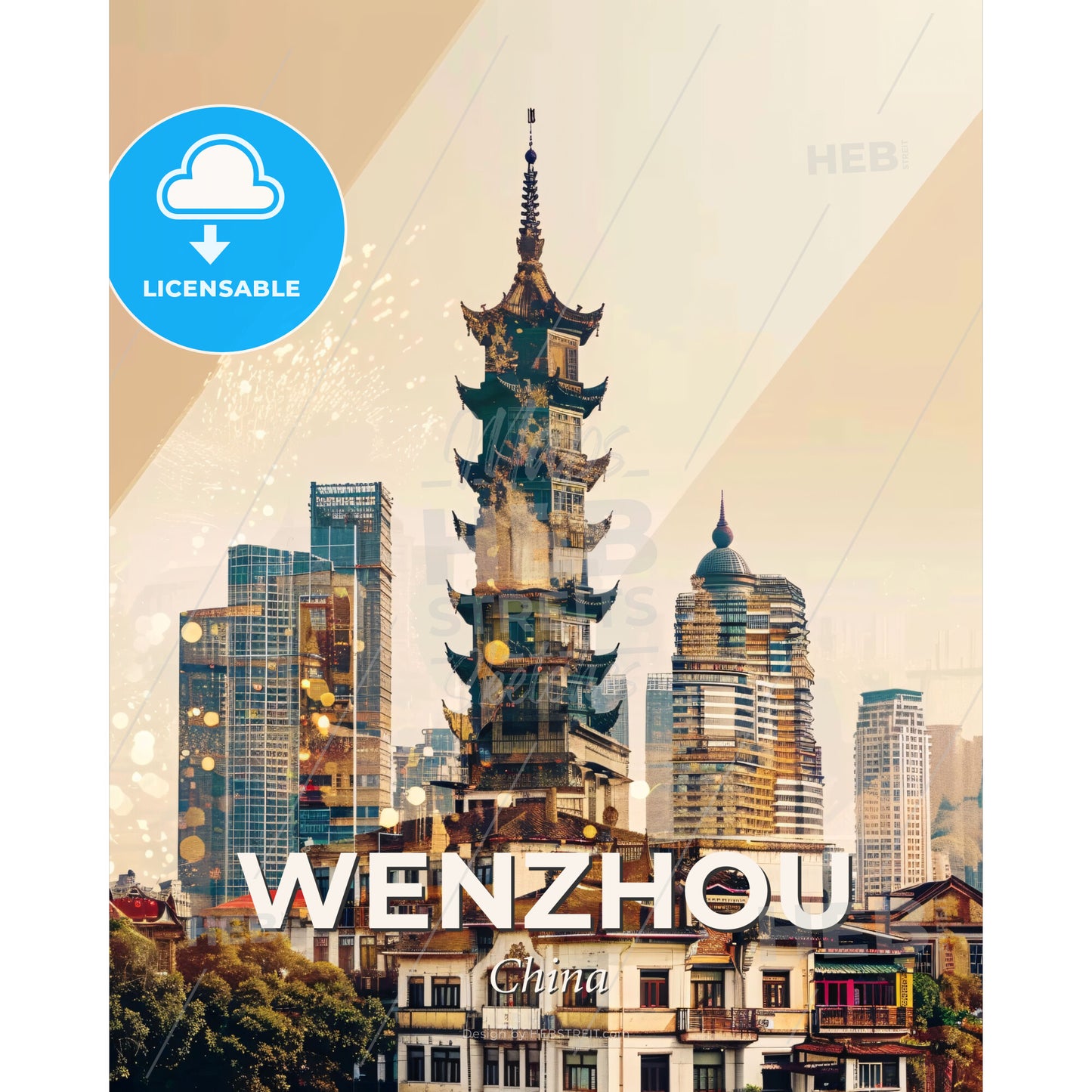 Wenzhou Skyline Double Exposure Art Poster - A tall building with a tower and a city skyline - Square format print template