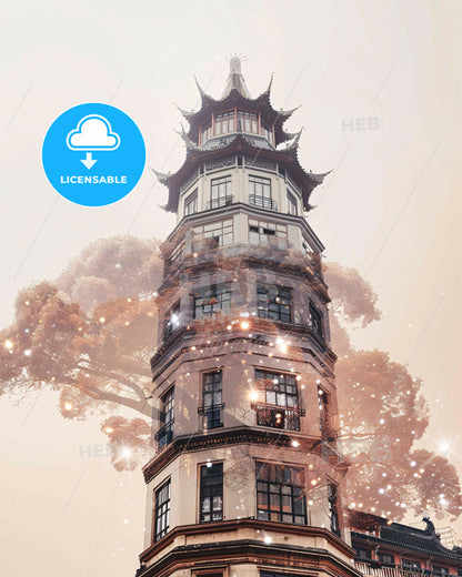 Wenzhou City Skyline Double Exposure Composite Poster Art - A building with a tower
