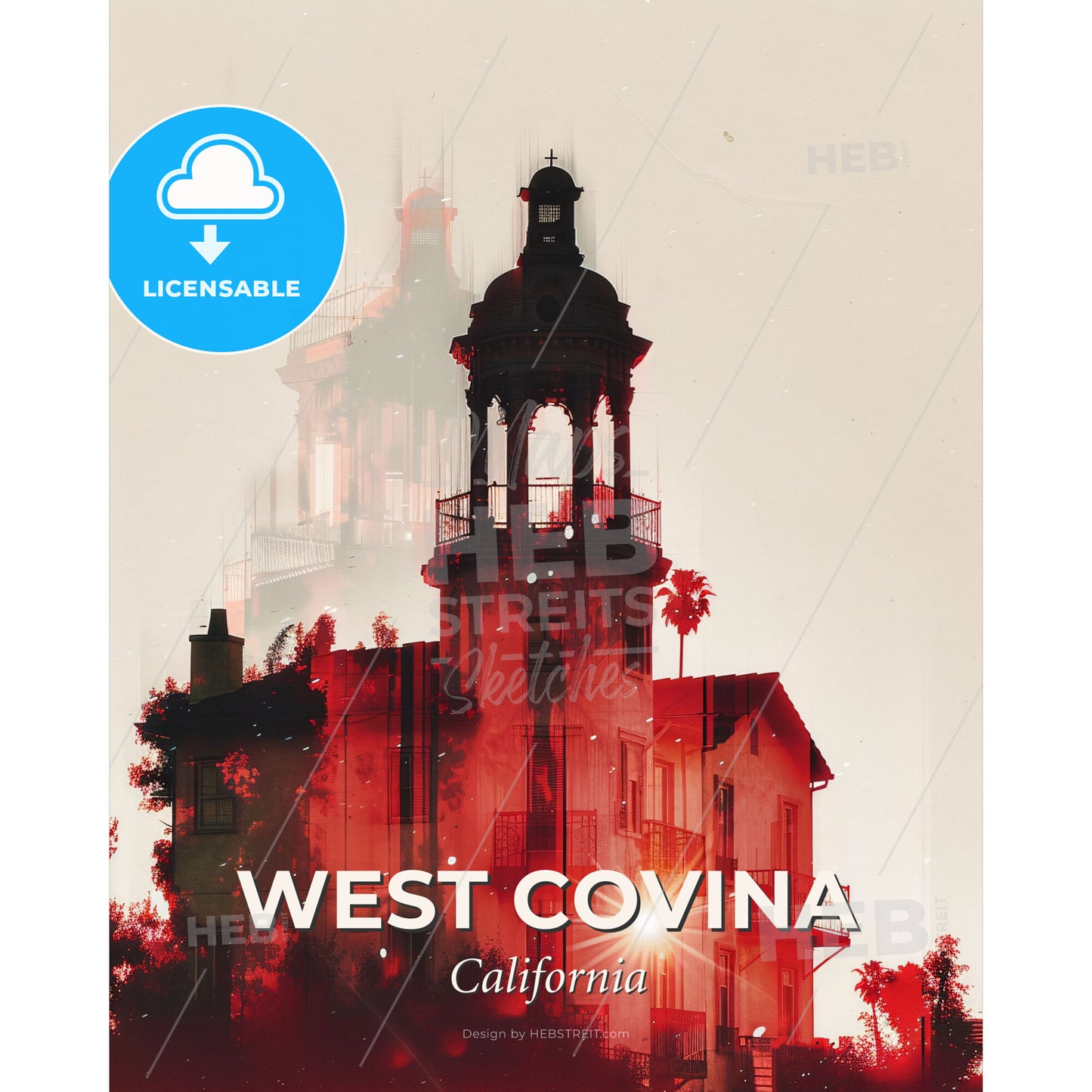 West Covina City Lightscapes with Architectural Icons - A building with a tower and a light - Square format print template