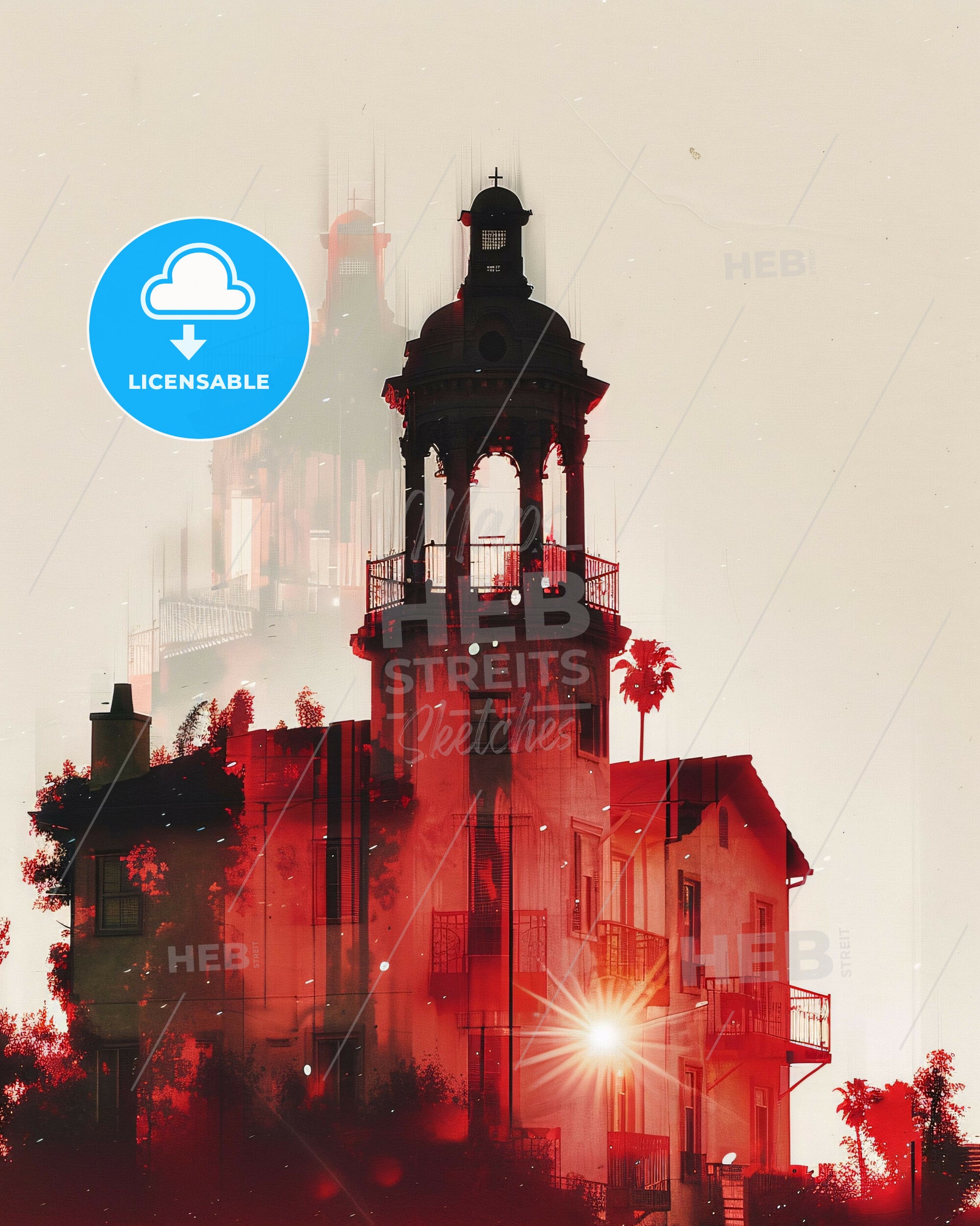 West Covina City Lightscapes with Architectural Icons - A building with a tower and a light