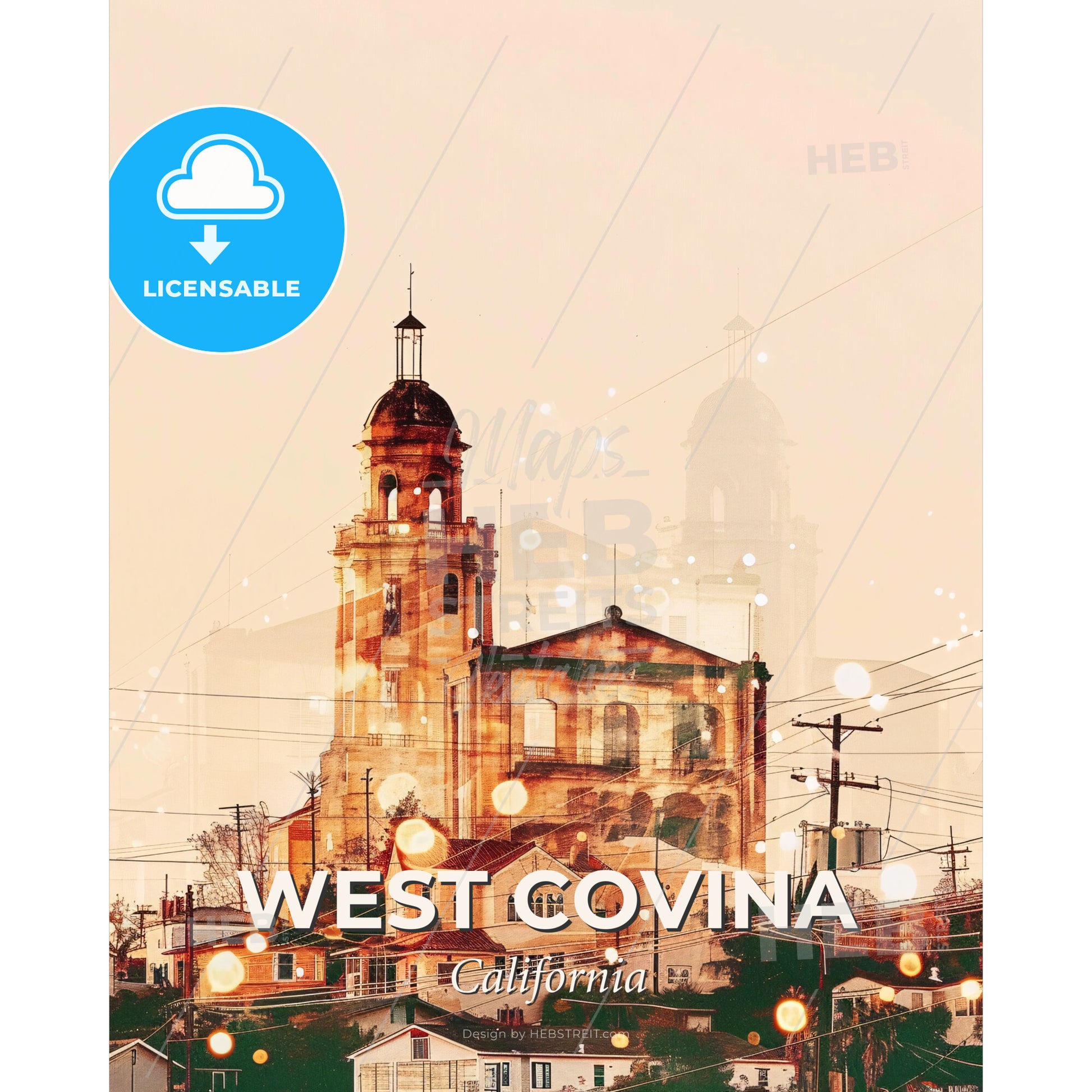 West Covina Architecture Poster Skyline Local Colors - A building with a tower and a tower - Square format print template