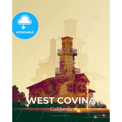 West Covina Cityscape Double Exposure Art - A house with a chimney - Square format print template