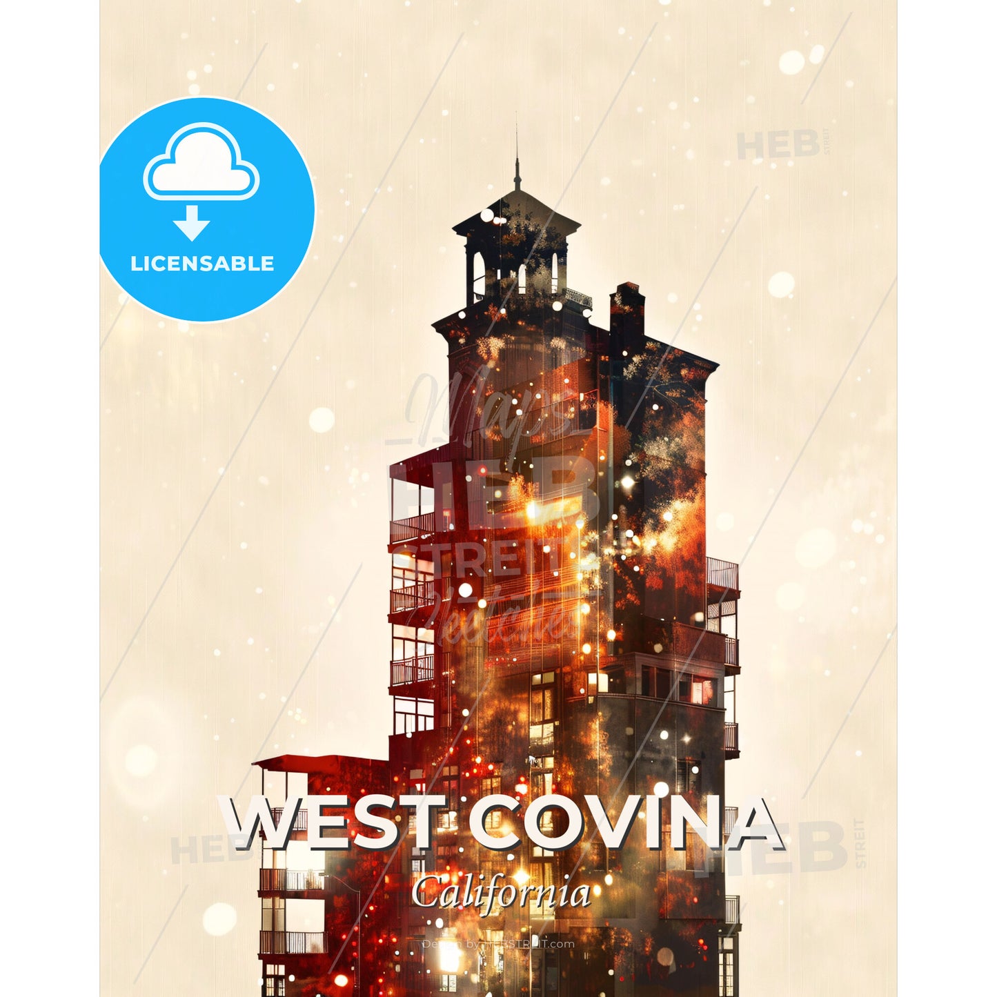West Covina Skyline Composite Art - A building with a tower - Square format print template