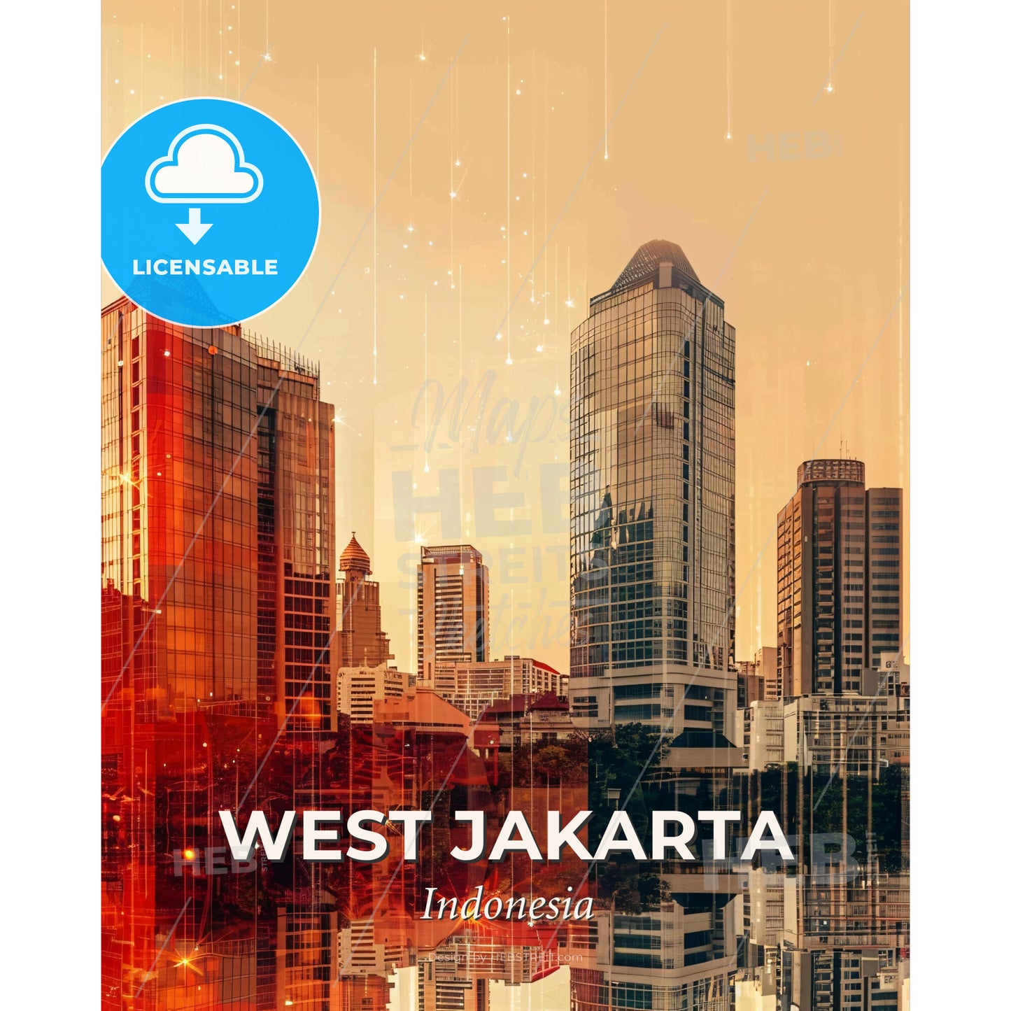 Jakarta Skyline Night Panorama Art Poster - A city skyline with many tall buildings - Square format print template