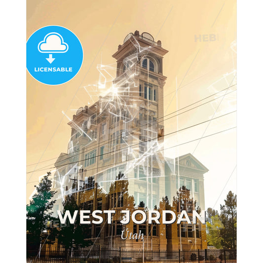 West Jordan City Skyline Composite Poster Art - A building with a clock tower and trees - Square format print template